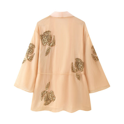 Beaded Silk Blended Short Kimono Coat