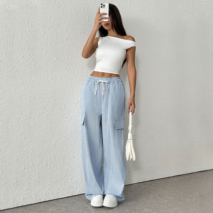 Women's Casual Elastic Striped Pocket Trousers