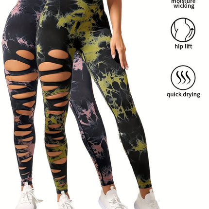 2 Pack Hollow Sexy High Elastic Women's Tie Dye Cutout Tights High Waist Workout Yoga Leggings, Scrunch Butt Lifting Elastic Pants, Tummy Control Butt Lifting Workout Yoga Athletic Pants
