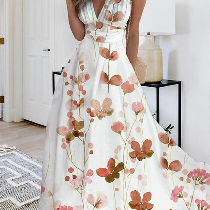 Printed V-neck Loose Plain Elegant Dress