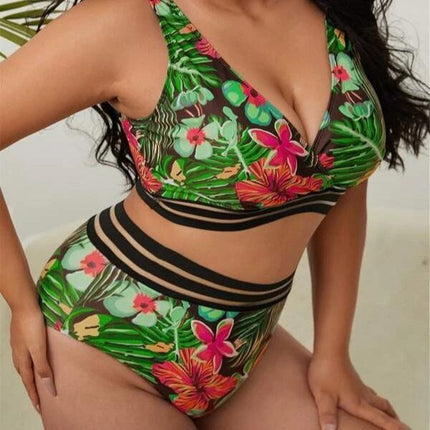 Plump Girls Plus Size V-neck Vest Type Plant Flower High Waist Bikini