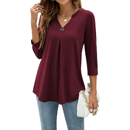 Casual And Comfortable Solid Color And V-neck Clinch Loose Three-quarter-length-sleeved T-shirt Top For Women