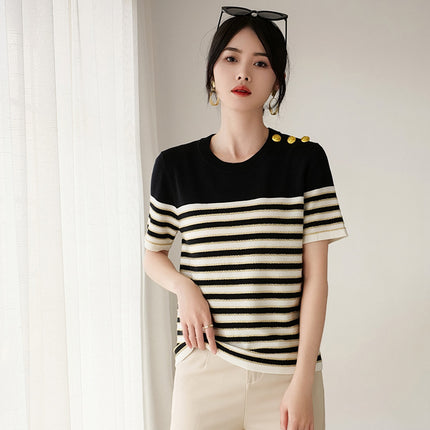 Knitted Short-sleeved Loose Striped T-shirt