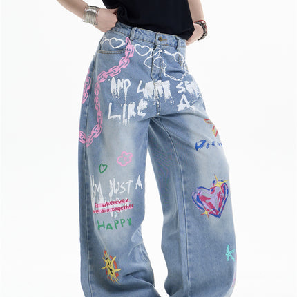 Waist Chain Printed Jeans Women's Straight Wide-leg Pants