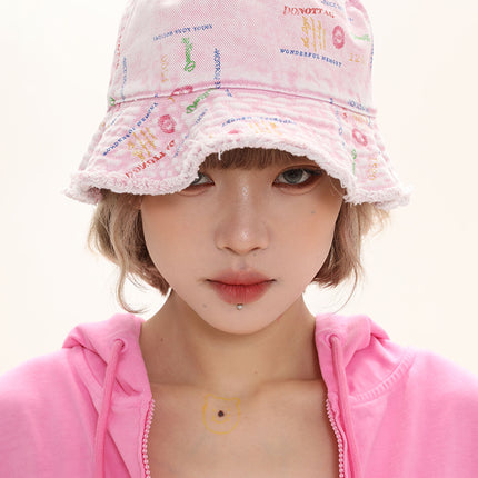 Handmade Raw Edges All Over Print Color Denim Bucket Hat Versatile