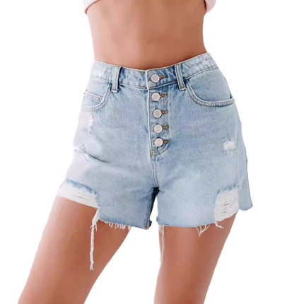 Fashion Casual Ordinary Water Washed Hole Raw Edge Denim Shorts