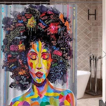 Art Design Graffiti Art Hip Hop African Girl with Black Hair Big Earring with Modern Building Shower Curtain for Bathroom Decor