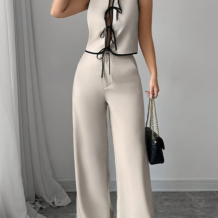 Shirt With Bow Tie Beige Wide Leg Pants Suit