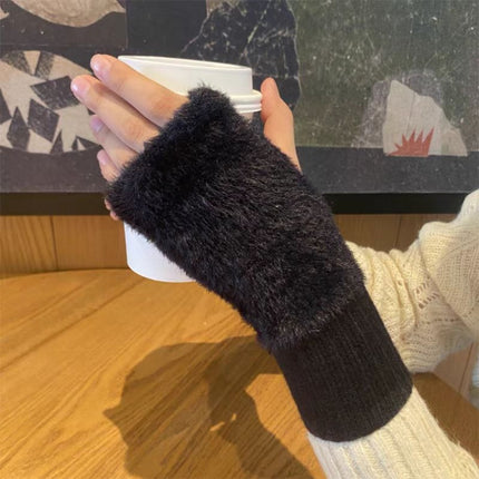 Plush Spliced Knitted Gloves, Fashionable Solid Color Fingerless Gloves With Thumb Holes, Soft And Multi-functional Writing Gloves For Cold Protection In Autumn And Winter
