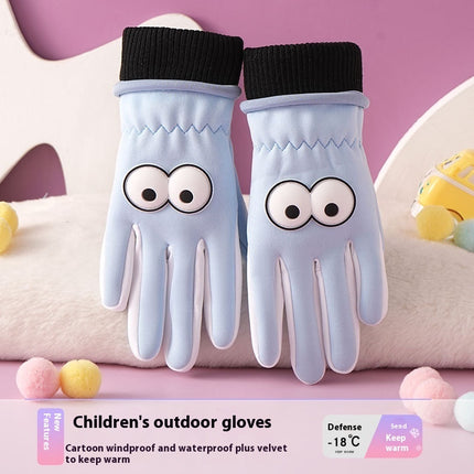 Children's Gloves Autumn And Winter Outdoor Cold-proof Warm With Velvet Anti-slip Cycling Cartoon Cute Windproof