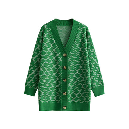 V-neck Cardigan Sweater Casual Loose Diamond Plaid Sweater Coat