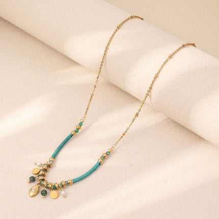 Natural Stone Beaded Necklace Color Handmade Winding Titanium Steel Clavicle Chain