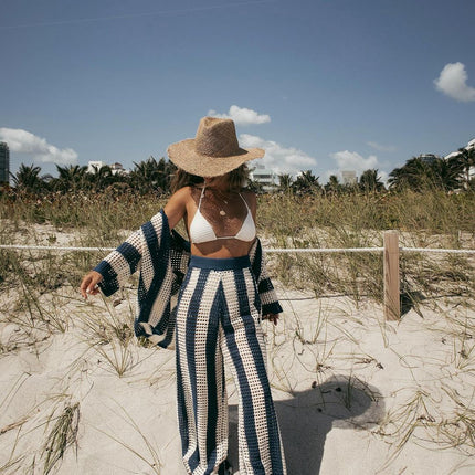 Women's Fashion V-Neck Hollow Out Striped Shirt Loose Knit Wide Leg Pants Set