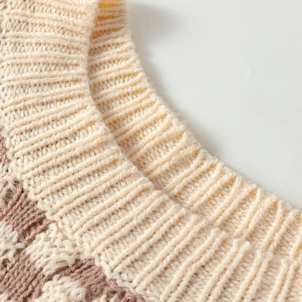 Khaki Stripe Checkerboard Drop Shoulder Balloon Sleeve Sweater