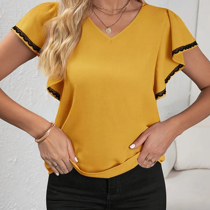 Women's Fashion Ruffle Sleeve Solid Color And V-neck T-shirt