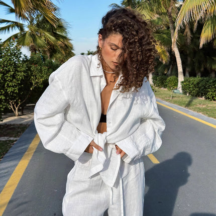 Women's Solid Color Loose Shirt Trousers Suit