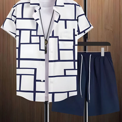 Black And White Striped Hawaiian Men's Shirt Set