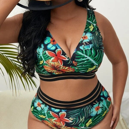 Plump Girls Plus Size V-neck Vest Type Plant Flower High Waist Bikini