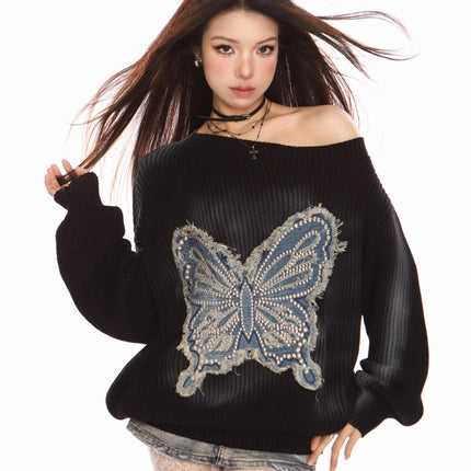 Women's Embroidered Butterfly Shoulder Sweater