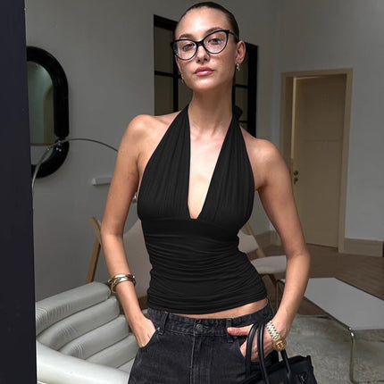 Ins Style Pure Color Halter V-neck Backless Slim Fit Top