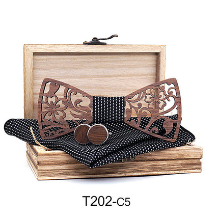 Wooden Hollow Fashion Bow Tie Cufflinks Set
