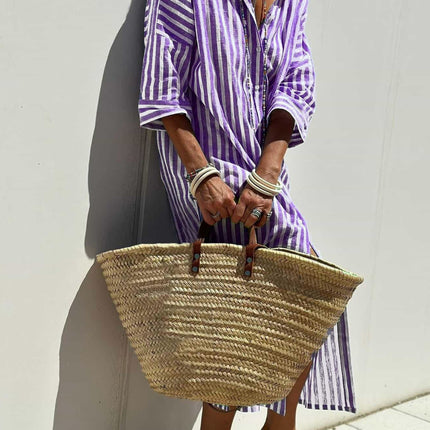 Striped Shirt Dress With Belt Fashion Half-sleeved Lapel Button Cardigan Dresses Women's Clothing