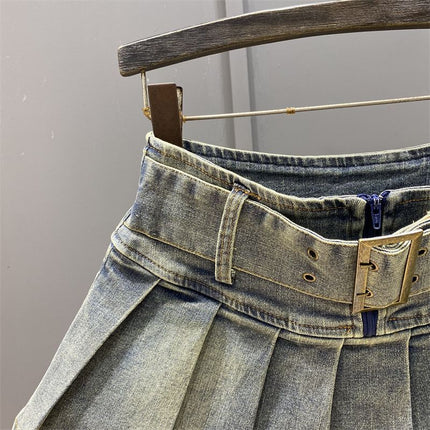 Hot Girl Retro Blue Low Waist Pleated Skirt