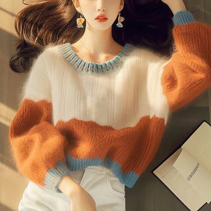 Autumn And Winter New Soft Glutinous Orange Round Neck Stitching Sweater