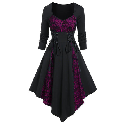 Medieval Retro Lace Up Lace Stitching Contrasting-color Dress