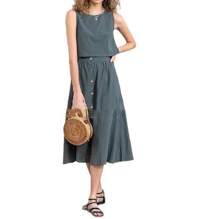 Casual And Comfortable Solid Color Suit Skirt Round Neck Design