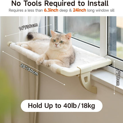 MEWOOFUN Cat Window Perch With One-Step Sliding Clamp - Adjustable Window Sill Hammock With Removable Cover For Indoor Cats - Medium Beige Cat Bed Fits Windowsill & Bedside