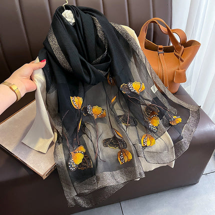 Chinese Style Pearl Flower Scarf Women's Embroidered Silk Scarf Warm Shawl