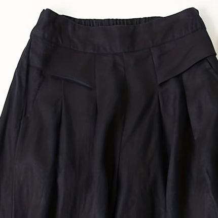 Comfortable Women's High Waist Wide-Leg Pants - Solid Black, Elastic Waistband With Pockets, Casual All-Season Polyester Trousers