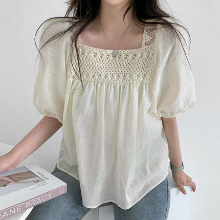 Niche Elegant Square Collar Hollow Crocheted Loose All-match See-through Puff Sleeve Shirt