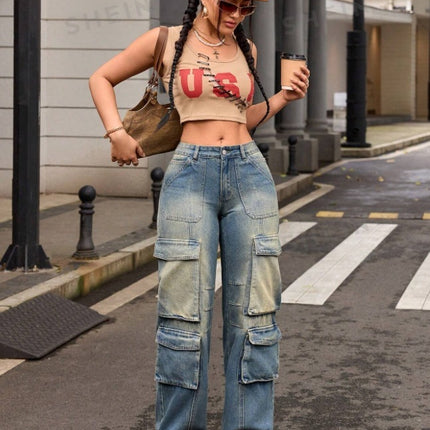 Retro Nostalgic Washed Multi-pocket Cargo Pants Straight Jeans