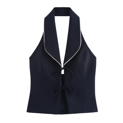 Women's Bowknot Decoration Stitching Hanging Collar Top