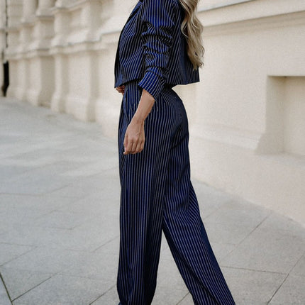 Women's Spring Fashion Striped Suits Casual Lapel Long Sleeve Cropped Top And Straight Pants Outfits Women's Clothing