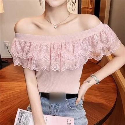 Off-shoulder Top Slim Lace Stitching Ruffled Short Sleeves