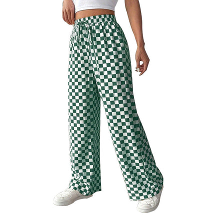 Chessboard Plaid Straight Polyester Wide-leg Pants