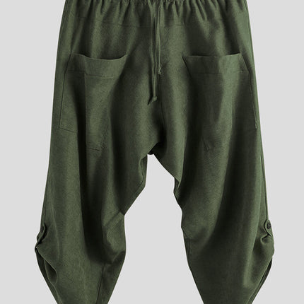 Chinese Style Cotton And Linen Baggy Men's Loose Cropped Pants With Printed Ankle Cuffs