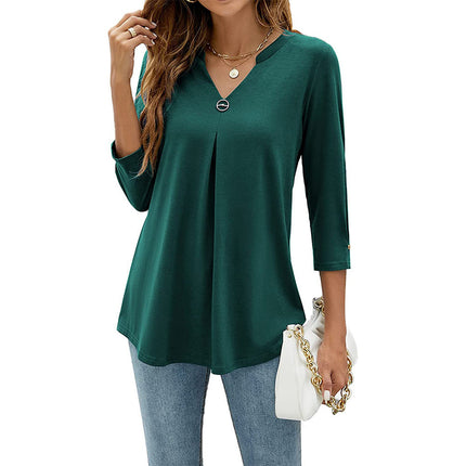 Casual And Comfortable Solid Color And V-neck Clinch Loose Three-quarter-length-sleeved T-shirt Top For Women