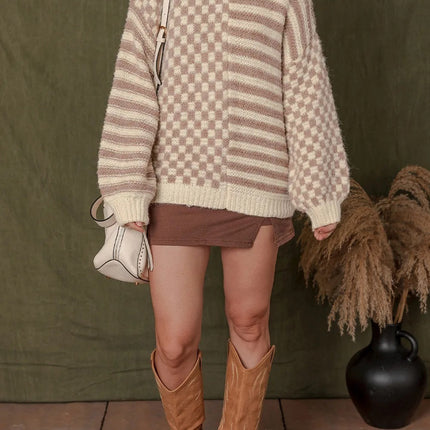 Khaki Stripe Checkerboard Drop Shoulder Balloon Sleeve Sweater