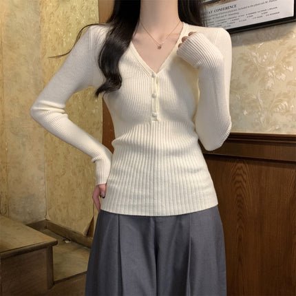 Waist-tight Slimming V-neckline Long-sleeved Women's Temperament Commute Pure Sweater