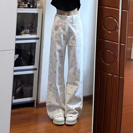 White Floral Slimming Loose Wide-leg Pants