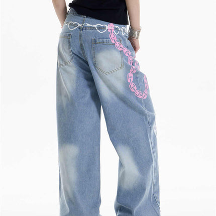 Waist Chain Printed Jeans Women's Straight Wide-leg Pants