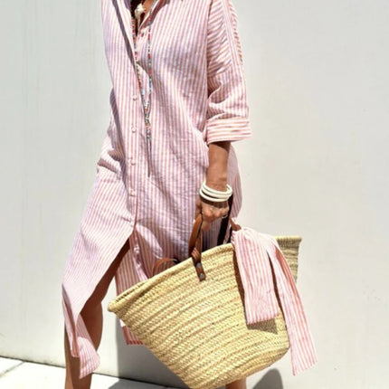 Striped Shirt Dress With Belt Fashion Half-sleeved Lapel Button Cardigan Dresses Women's Clothing