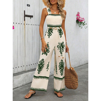 Women's Summer Boho Jumpsuits One Piece Beach Vacation Outfits Shirred Strap Wide Leg Pants Rompers With Pockets
