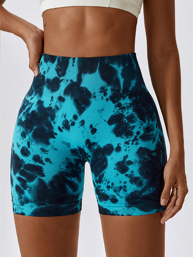 High Waist Tummy Control Yoga Shorts For Women, Tie-Dye Ruched Booty Lifting Workout Fitness Shorts, Hip Lifting Sports Activewear, Gym Exercise Running Shorts