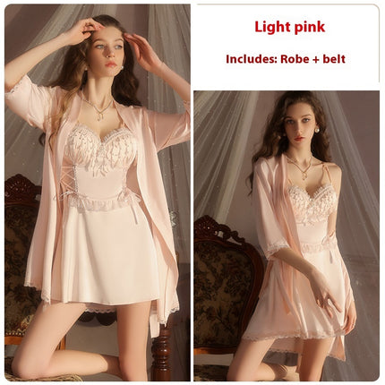 Deep V-neck Backless Sexy Chest Pad Nightdress Outerwear Gown Homewear Suit