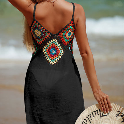 Hand Crocheting Stitching Color Pattern V-neck Pullover Hollow Breathable Beach Bikini Blouse Dress